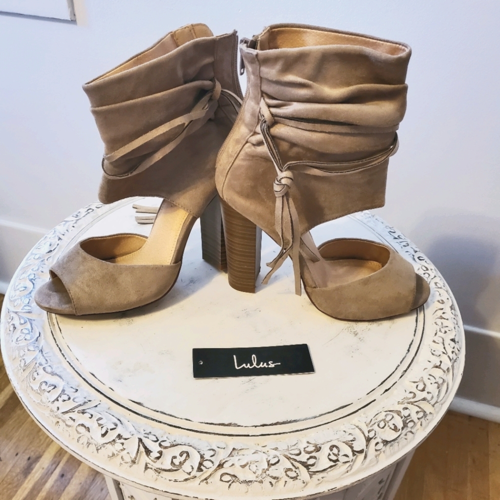 Suede zippered heeled ankle booties, open toed
